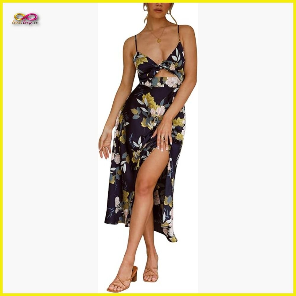Satin Spaghetti Strap Midi Dress Backless Tie Front Slit Cutout Flowy Elegant